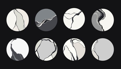 Set of natural textures. Black and white abstract marble stone design, kintsugi style. Minimal circle modern vector badge. Crack ground, abstract landscape. Grey patterns, logo, branding template.