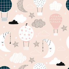 Vector hand-drawn seamless repeating children simple pattern with air balloons, clouds and moons in Scandinavian style on a pink background. Kids pattern with air balloons. Funny transport.