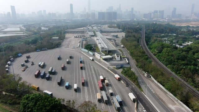 Aerial view of Hong Kong and mainland China Kok Ma Chau control point and border crossing to Shenzhen.