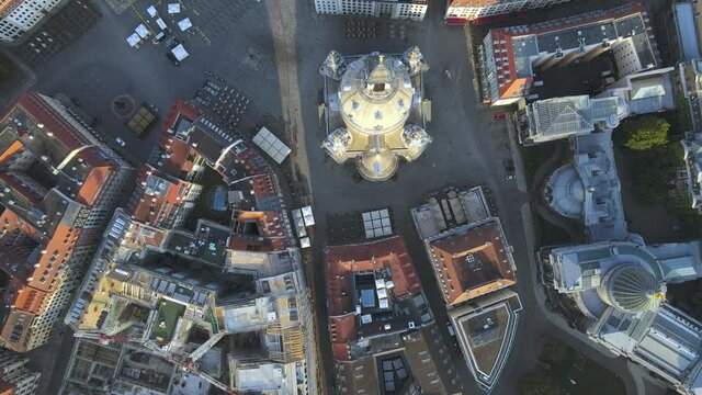 Aerial drone shot of old town Dresden above the Frauenkirche, located in Saxony, Germany.