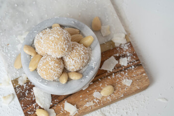 Coconut Bliss Balls on white background