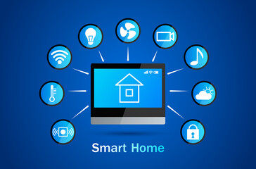 Smart home control panel. Application icons. climate control, alarm, music, security, video surveillance, electricity, internet wi-fi.