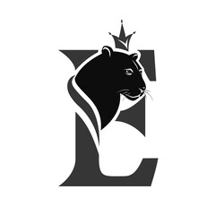 Capital Letter E with Black Panther. Royal Logo. Cougar Head Profile. Stylish Template. Tattoo. Creative Art Design. Emblem  for Brand Name, Sports Club, Printing on Clothing. Vector illustration