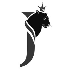 Capital Letter J with Black Panther. Royal Logo. Cougar Head Profile. Stylish Template. Tattoo. Creative Art Design. Emblem  for Brand Name, Sports Club, Printing on Clothing. Vector illustration