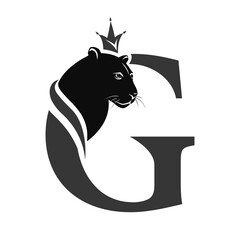 Capital Letter G with Black Panther. Royal Logo. Cougar Head Profile. Stylish Template. Tattoo. Creative Art Design. Emblem  for Brand Name, Sports Club, Printing on Clothing. Vector illustration