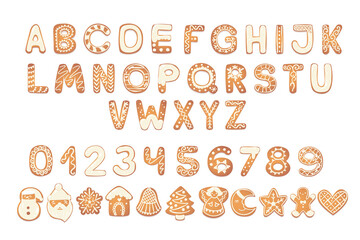 Christmas gingerbread cookies alphabet with figures. Biscuit letters, characters for xmas messages and design. Vector illustration with decorations.