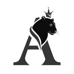 Capital Letter A with Black Panther. Royal Logo. Cougar Head Profile. Stylish Template. Tattoo. Creative Art Design. Emblem  for Brand Name, Sports Club, Printing on Clothing. Vector illustration