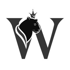 Capital Letter W with Black Panther. Royal Logo. Cougar Head Profile. Stylish Template. Tattoo. Creative Art Design. Emblem  for Brand Name, Sports Club, Printing on Clothing. Vector illustration