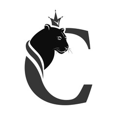 Capital Letter C with Black Panther. Royal Logo. Cougar Head Profile. Stylish Template. Tattoo. Creative Art Design. Emblem  for Brand Name, Sports Club, Printing on Clothing. Vector illustration