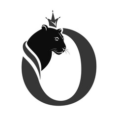Capital Letter O with Black Panther. Royal Logo. Cougar Head Profile. Stylish Template. Tattoo. Creative Art Design. Emblem  for Brand Name, Sports Club, Printing on Clothing. Vector illustration