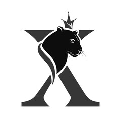 Capital Letter X with Black Panther. Royal Logo. Cougar Head Profile. Stylish Template. Tattoo. Creative Art Design. Emblem  for Brand Name, Sports Club, Printing on Clothing. Vector illustration