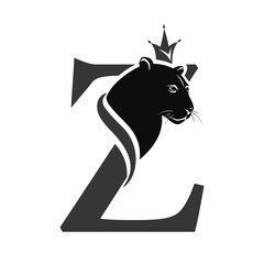 Capital Letter Z with Black Panther. Royal Logo. Cougar Head Profile. Stylish Template. Tattoo. Creative Art Design. Emblem  for Brand Name, Sports Club, Printing on Clothing. Vector illustration