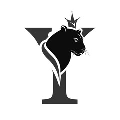 Capital Letter Y with Black Panther. Royal Logo. Cougar Head Profile. Stylish Template. Tattoo. Creative Art Design. Emblem  for Brand Name, Sports Club, Printing on Clothing. Vector illustration