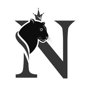 Capital Letter N with Black Panther. Royal Logo. Cougar Head Profile. Stylish Template. Tattoo. Creative Art Design. Emblem  for Brand Name, Sports Club, Printing on Clothing. Vector illustration