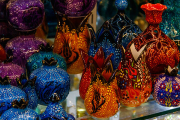 Traditional turkish crockery at oriental bazaar. Souvenirs from Turkey