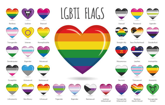 Set of 34 heart shaped designs with the LGBTIQ, sexual and gender tendencies pride flags Vector Illustration