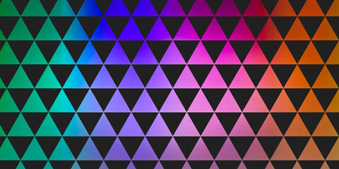 Pattern of equilateral colorful triangles on black with shading. Abstract illustration. 
