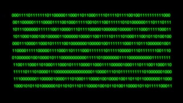 4K 01 or binary numbers on the computer black screen. Monitor matrix background, Digital data code in hacker or safety security technology concept.