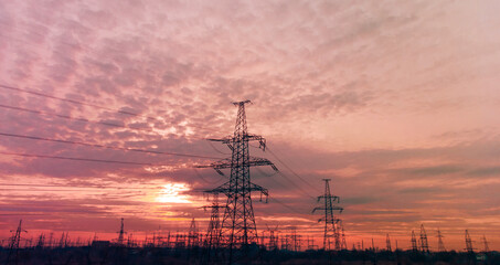 High voltage post.High-voltage tower sky background. High-voltage power lines. Electricity...
