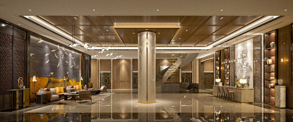 3d render hotel reception lobby - obrazy, fototapety, plakaty