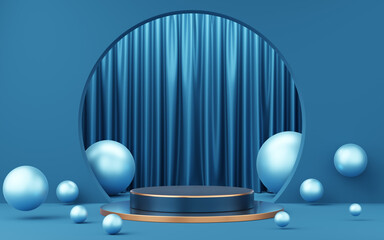 Empty blue and black cylinder podium with copper border, ball on circle arch, curtain background. Abstract minimal studio geometric shape. Pedestal mockup space for product design. 3d rendering.