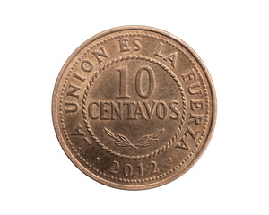 Bolivia ten centavos coin on white isolated background