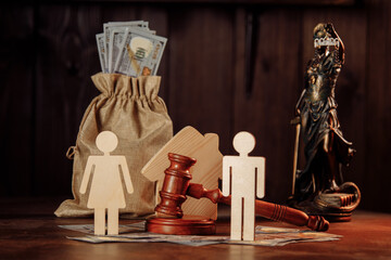 Bag of money, people and the judge's hammer. The concept of business conflict
