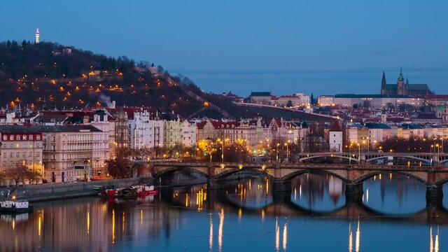 Prague, Czech Republic. Jiraskuv Bridge over Vltava river in Prague, Czech Republic. Timelapse during the sunrise with Castle. Time-lapse of a cloudy sky from night to day
