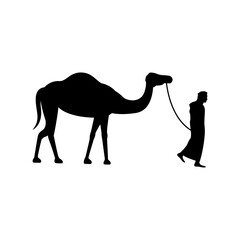 black silhouette design of man pull camel