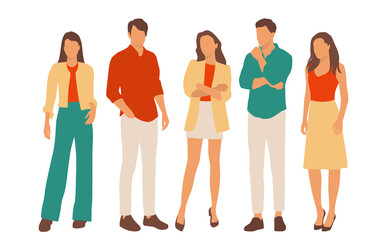 Fototapeta premium Set of young men and women, different colors, cartoon character, group of silhouettes of standing business people, students, the design concept of flat icon, isolated on white background