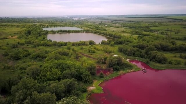aerial shot with artificial lakes in industrial zo
