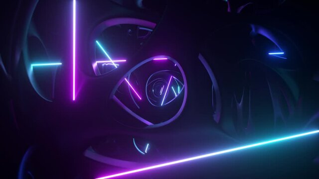 Flying through an abstract alien structure illuminated by neon lights. Modern ultraviolet lighting. 3d Animation of seamless loop