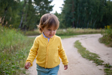 Toddler walking alone on desolate country road. rural country sand road on ranch or farm in forest