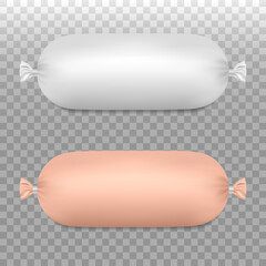 Vector realistic sausages mockup. White and pink packaging isolated on transparent background. blank food template. Ready for design. EPS10.
