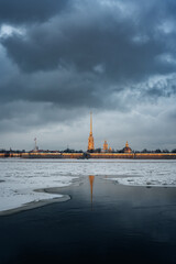 View of the Peter-Pavel's Fortress in St. Petersburg in winter. Vertical urban landscape