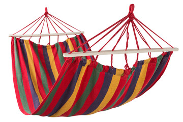 striped hammock with red and yellow stripes and wooden slats hanging on white background