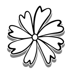 Black line a flower on white silhouette and gray shadow. Hand drawn cartoon style. Doodle for decoration or any design. Vector illustration of kid art.