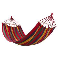 colored striped hammock with wooden slats, hanging, levitating, on a white background