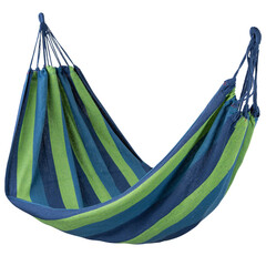 striped blue-green hammock without wooden slats, hanging, levitating, on a white background