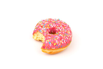 Fresh made Donuts isolated on white background. Doughnuts are traditional sweet pastries. Copy...