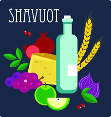 Shavuot Holiday - hebrew text, Jewish Holiday greeting card. Traditional fruits, wheat, figs, grape, olives, pomegranate, cheese. Vector.