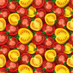 Red and yellow slice tomatoes watercolor seamless pattern. Fresh half vegetables isolated on dark background for textile, wrapping paper, wallpaper, kitchen towels and apron