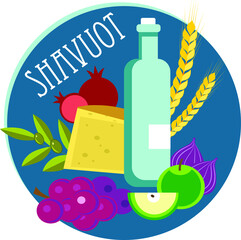 Shavuot Holiday - hebrew text, Jewish Holiday greeting card. Traditional fruits, wheat, figs, grape, olives, pomegranate, cheese. Vector.