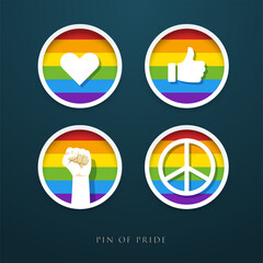 A set of love, thumb, fist and peace sign on rainbow circle