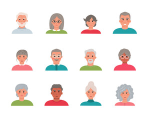 Set of 12 avatars characters of elderly people. Collection of portraits of elderly men and women of different nationalities. Cartoon faces of grandparents. Vector illustration, flat