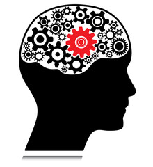 Human head with brain and gearwheels one red cogwheel. Business concept vector graphic to use in learning, knowledge, inteligence and creativity projects and presentations.