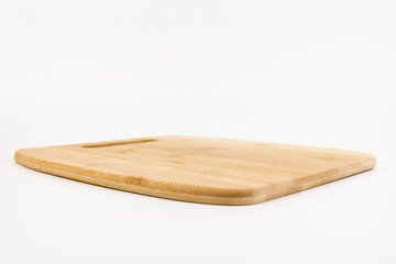 Top view high quality wood cutting board, brown wood. Chopping boards made from natural bamboo. Isolated image kitchen utensil on white background.