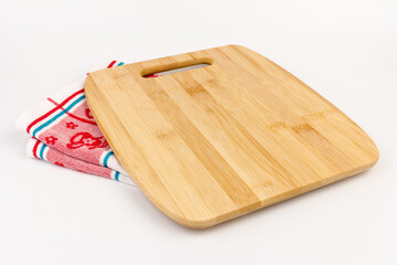 Top view high quality wood cutting board, brown wood. Chopping boards made from natural bamboo. Isolated image kitchen utensil on white background.