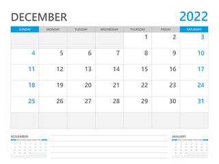 December 2022 year, Calendar planner 2022 and Set of 12 Months,  week start on Sunday. Desk calendar 2022 design, simple and clean design, Wall calendar, Corporate design planner template vector