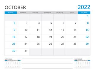 October 2022 year, Calendar planner 2022 and Set of 12 Months,  week start on Sunday. Desk calendar 2022 design, simple and clean design, Wall calendar, Corporate design planner template vector